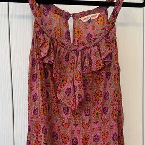 Rebecca Taylor Silk Floral Ruffle Tiered Mini Dress Pink Boho Sleeveless